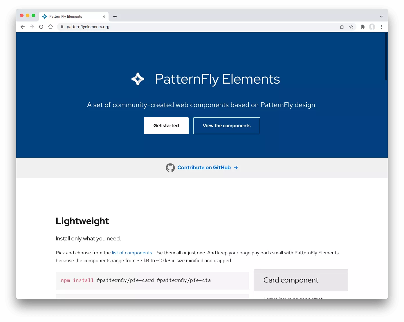 Screenshot of the PatternFly Elements homepage