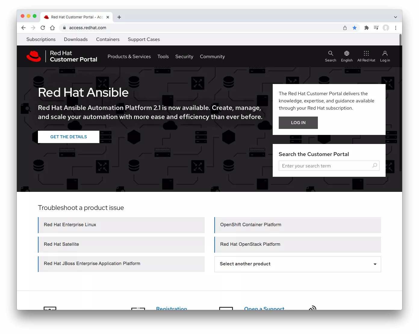 Screenshot of the Red Hat Customer Portal homepage